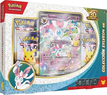 Pokémon: Colección Sylveon ex de Celebración 30.º Aniversario de JCC Pokémon (1 Carta holográfica de promoción, 1 Carta holográfica de Gran tamaño y 4 Sobres de Mejora)